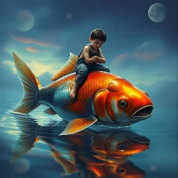 dreamlike, Esao Andrews-esque scene where a barefoot boy in tattered overalls rides atop a colossal, iridescent koi fish through a surreal twilight lagoon, his arms wrapped around the fish's sleek, glistening body as if it were a trusty steed. The fish's scales shimmer with impossible huespearlescent blues melting into burnt orangeswhile its fins fan out like delicate silk banners torn from some celestial tapestry. Around them, the water refracts into liquid prisms, distorting reflections of gna