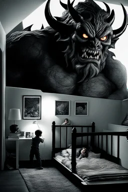 children looking a big demon into the corner of theri bed room