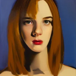  100 % modern conceptual art, realistic portrait oil painting by Malcom Liepke, of a beautiful 18 year old woman , front view centered 3/4 figure symmetrical and cinematic side lighting, precise brushstrokes and subtle blended variations in skin color temperature, perfectly proportioned female figure elegantly posed and wears contempory casual clothes, short tangled hyper-realistic detailed jet-black hair with bangs! Perfectly symmetrical facial features ,cgsociety, un