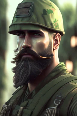 photorealistic male bearded handsome soldier, hyperdetailed painting, luminism, Bar lighting, complex, dark green miltary, 4k resolution concept art, Artgerm, WLOP, Alphonse Mucha, 3d render, octane render, intricately detailed, cinematic, awesome full color, hand drawn, dark, gritty, cinematic, buckeye burl