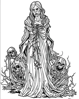 create a 2d black outline, "full body scary psycho monster death women coloring book for adults", coloring page, low details design, black contour, coloring page design, coloring page for adults,horror background, black contour and white space beetween contour, same contour,sketch style, horror style, creepy style, minimalist, halloween background,simple, white background