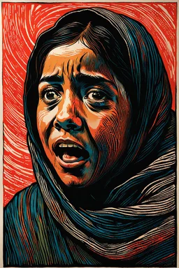 create an abstract, deeply powerful tragic, heart wrenching, and evocative, full body color woodcut of a terrified young Muslim refugee girl with highly detailed and deeply cut facial features, lost in a horrific post apocalyptic Gaza, in the style of KATHE KOLLWITZ and PAUL GAUGUIN, searing lines and forceful strokes