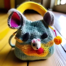 Create a whimsical and original crochet baby bag featuring a fun animal, such as a whimsical cartoon mouse, with playful details and bright colors. The bag should radiate joy and laughter and is ideal for a collection of children's accessories. The handle in the bag should be worn over the shoulder.