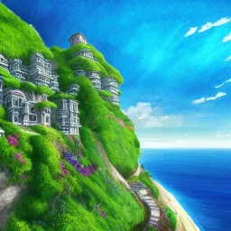  Skyscraper sea house between cliff ,sea cliff, hill peak,blue sky,detailed facades+beautiful,richly detailed houses,trees,ornamental flowers +uphill road+biopunk+Book illustration by Gediminas Pranckevičiusstrong lines,vibrant colors, highly detailed, 16k resolution