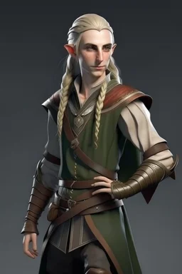 beautiful male on her thirties high elf ranger wearing medieval clothes with hands behind her back