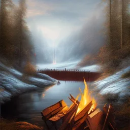 fantasy art, book illustration, sitting by a bonfire, in the background the stairs of a dam in the magical forest ,icy water