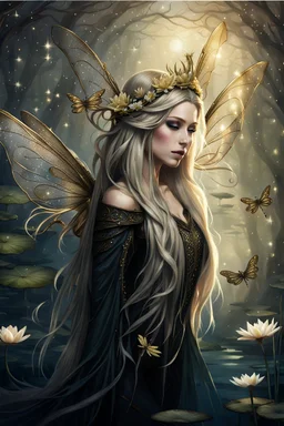 Blonde gold hair , dark gold ,dark Fairy wings,long hair,water lilies,dark fairy princess,nymph,elven crown,dragonflies,tiara,,gothic,glitter,rapunzel hair, very long hair, sparkle,night,