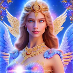 Flower angel, beautyful smiling young woman, long hair amazing blue eyes, happy cosmic, bright colors, blue, pink, gold, jewels, realistic, photo real, clear donut background, highly detailed, high contrast, 8k high definition, unreal engine 5, extremely sharp detail, light effect, sunny light background