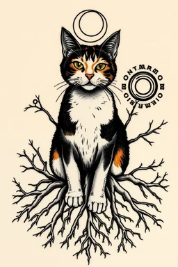 Design feminine tattoo: The centerpiece of the tattoo is a calico cat. From the paws, deep roots twist into the ground, sprawling outwards. The roots look as though they're entangled with the earth itself, symbolizing Taurus' deep connection to the planet. as a backdrop, include elements of gears A crescent moon or starry sky above the cat