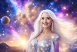 very beautiful cosmic women with white long hair, smiling, with cosmic dress and bright earings. in the background there is a bautiful sky with stars and light beam