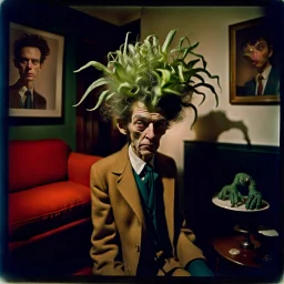 Close-up polaroid of ultra realistic odd monster, part man, part plant, and part animal in a living-room, vivid, ultra realistic, Egon Schiele, hypermaximalist figures, light, Italian 1970's odd movie, hilarious, fine art, Minicavio Quollati style, photography by Marlost Endgulp, dark atmosphere, obsessive, 4k, sharp focus, 3d, photorealism
