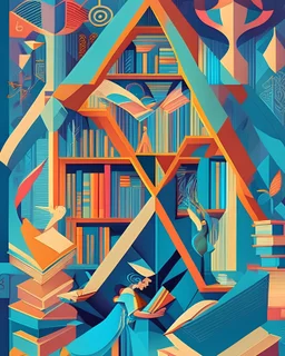 A whimsical illustration of a magical library filled with ancient tomes, floating books, and curious creatures seeking knowledge, in the style of Art Deco, geometric shapes, bold color palettes, and stylized forms, 9K resolution, inspired by the works of Erte and Tamara de Lempicka, celebrating the power of imagination and the pursuit of wisdom.