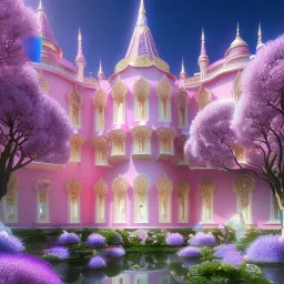 a magical crystal flower lys bougainvillier, blue gold house indian palace castle in the woods, magnolias pink,blue lake,sun,white swanns,pink vertical, blue lake,sharp, vines, candlelit, endor, ornate, elegant, highly detailed, artstation, concept art, smooth, sharp focus, illustration, 8k, splash art, wallpaper, key visual