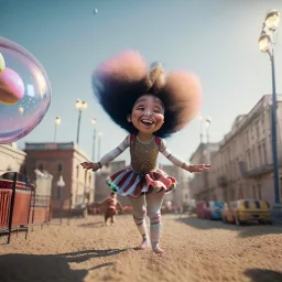 Ultra realistic circus scene. Sweet big hair monster flying, playing with Child’s, smile, happy, color bubbles, smooth color, waist up view, Wes Anderson style, a lot of people background, highly detailed, concept art, unreal engine 5, god rays, ray tracing, RTX, lumen lighting, ultra detail, volumetric lighting, 3d, finely drawn, high definition, high resolution.