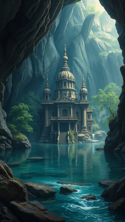 Bosch painting style , An amazing temple with a great status all around in un underground dark cave with lake and water stream