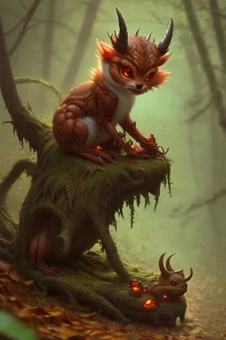 cute tiny forest demon sitting on a fallen leaf, intricately detailed, photorealistic, oil on canvas, trending on art station, high definition, hdr, cute, beautiful in sunshine