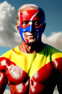 realistic image of joe biden as a mexican wrestling fighter posing, Mexican eyes wrestling mask, red and blue breeches, retro style, 80s, vibrant color, highly detailed, sky background, concept art, unreal engine 5, god rays, ray tracing, RTX, lumen lighting, ultra detail, volumetric lighting, 3d, finely drawn, high definition, high resolution.