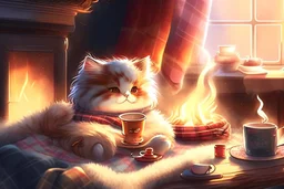 cute fluffy chibi cat reads sitting in a big soft armchair, covered with a plaid blanket, a teapot and steaming tea on a small table next to her, in sunlight. The fire in the fireplace is blazing.