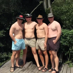 a group of four male friends with very small shorts on and large hats