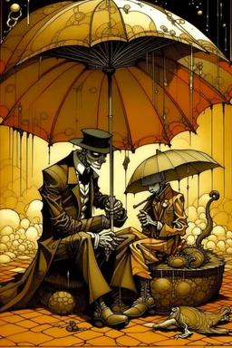 Strychnine biomechanism kneeling under an umbrella, abstract surrealism, by Phlegm and Dave McKean and Santiago Caruso, silkscreened mind-bending illustration; warm colors, off-centered fragmented composition, multiple stages of dark shines malignancy