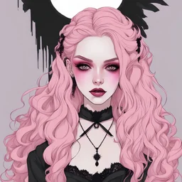 Pale girl, dark pink wavy hair, gothic makeup, resting bitch face