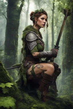 [Endor, tattooed woman warrior, battleaxe] Afrey kneels watchful upon her chosen branch high above the city. Soft glows through the leaves below speak of hearths lit and eyelids growing heavy as the Ewoks within ready themselves for sleep. But she will keep her mantle of guardian a while longer yet. With subtle shifts and flickers, the tattoos adorning her frame seem to writhe in the dimness like nothing so much as the vines and branches around her. Great serpents and ravens curl in tune to some