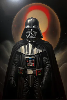 1970's dark fantasy cover dnd style oil painting of a fat darth vader with minimalist far perspective