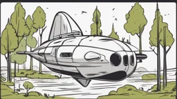 Sleek, smooth, small Cargo Spaceship, shaped like a submarine, landing in a forest