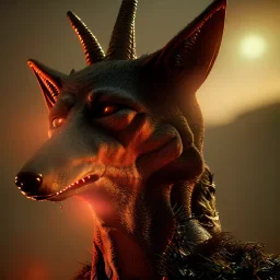 A portrait post-apocalypse of Jackal Egyptian God Anubis ,in the third temple, sci-fi fantasy style, volumetric lighting, particales,highly detailed,cinamatic,8k,3D,fire and black deep colours,ignore NSWF