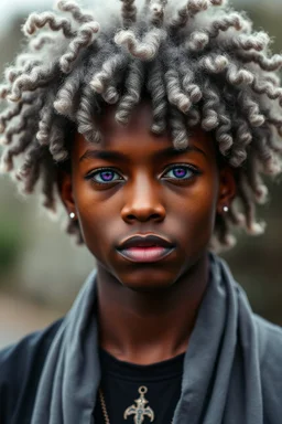 African American teen boy who is the prince of storm magic. He has grey frizzy curly hair and deep purple eyes