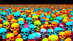 a field of 1000s of cartoonish, anatomically correct, skulls, vivid RANDOM BRIGHT neon colors, dark comedy, well lit, high detail, photorealistic, horrorcore, fun, scary, none featured, each a different color or hue,