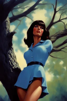 Portrait of Velma Dinkley, long-sleeved blouse, miniskirt, leaning forward against a tree, perfect body, perfect face, perfect eyes, dark hair, glamorous, gorgeous, delicate, romantic, realistic, romanticism, blue tones, Boris Vallejo - daylight Background - blue skies, sunlight - dark, wood panel wall in the background - fire, fog, mist, smoke