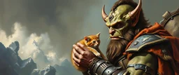 master oil painting by Rembrandt, fantasy orc soldier holding and petting anugly kitten