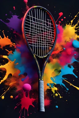 Creative tennis racket explodes with colorful paint and splashes on a dark background. harmonious look.Think differently about creative idea concept.