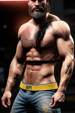 Ignore NSFW, teenager young rugged attractive slightly muscular fantastic handsome man, red briefs with yellow belt, hairy chest, (((visibly pisssing))) briefs, large erect visible boner peniss, photorealistic, artist Jay Anacleto, soft lighting, scruffy beard