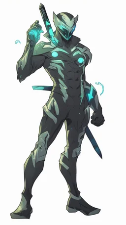 Mix between genji and venom symbiote in solo leveling shadow style with neon glowing blue