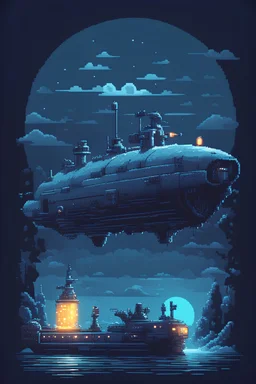 An 8 bit style ghost submarine and a spooky blue glow
