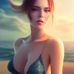 Insanely portrait of beautiful girl day, sunny, relaxing, sea, trees, real details anime style, realistic, glowing beach, 8k