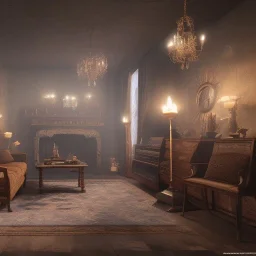 German village house, dark, lonely king, candle light, LCD tv, 16k quality, hyper realistic, 3d render, dramatic lighting, octane render, volumetric lighting