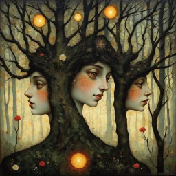 The faces you see in a spring forest... Modifiers: ethereal acrylic art abstract surreal Arthur Rackham Art Nouveau celestial Didier Lourenço Catrin Welz-Stein warm light fractured debeh