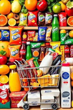 A design filled with various fruit juices, various chips, various types of Fanta, Coca-Cola, Sprite, various famous chocolates, a full shopping cart, packaged cheeses, butter, and pasteurized milk, in cheerful, vibrant, and eye-catching colors.