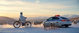 888 snow man riding a bike down hill with skiers with police car on tail and lotsa sheep