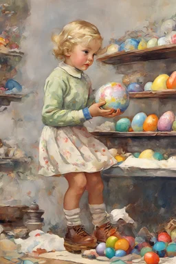 full color - a tiny little blonde girl in shorts and a turtleneck sweater coloring Easter eggs - digital art by Norman Rockwell