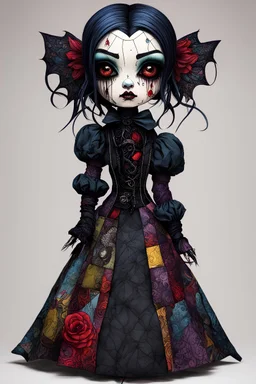 full color, full body illustration of a dark menacing Victorian goth vampire girl as a patchwork cloth doll toy, with contrast stitching across her patchwork face, art in the style of Alex Pardee, , 8k , finely detailed and precise line work,