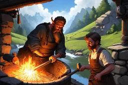 Medieval fantasy watercolor: Thalgrim's Forge built into mountainside. Stone-timber workshop with blackened walls, forge heat radiating. Dwarf blacksmith Thalgrim works glowing anvil while apprentice Eira watches. Outside: mining tools, gears, pulleys. Green terraces, forest, river reflects sky. Broad-shouldered dwarf, braided beard, focused eyes reflect red-hot metal. Sharp-eyed human apprentice assists. Orange smoke meets blue-green sky Spring foliage, echoing hammer sounds mix with river flow