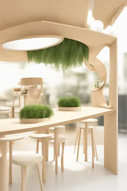 Corner exhibition stand in eco-style, with wood elements and greenery, with meeting areas