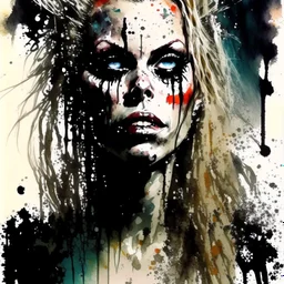 watercolor and ink illustration of portrait of scream queen sherri moon zombie as Baby Firefly, by Russ Mills, dynamic composition, oddball masterpiece, sfumato, complex contrast, dark background, ink splatter