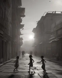 children playing on the indian street capture them against the sun and make an art silhouette, details, sharp, black and white 8k