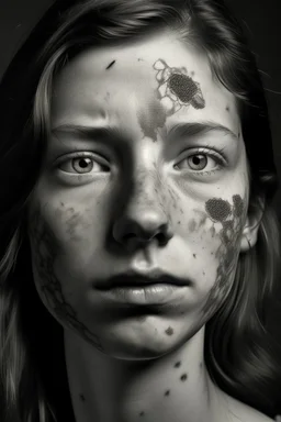 20 year old woman, sunken face, dramatic style, total figure, tumors and scar in half of her face