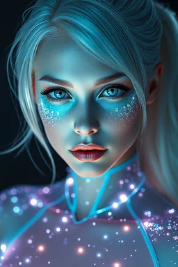 A hyper-realistic, futuristic portrait of a stunning woman with platinum-white hair, illuminated by a soft, ethereal glow. Her skin radiates a smooth porcelain finish, and her piercing blue eyes shine intensely, reflecting light like tiny galaxies. Glittering luminescent particles form a dazzling constellation-like pattern across her cheeks and under-eye area. She wears a translucent, form-fitting bodysuit embedded with glowing fiber-optic threads and shimmering particles, creating a starlit eff